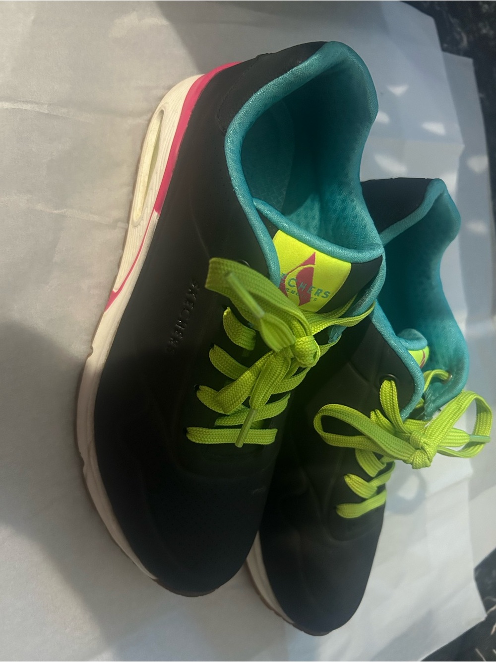 Skechers Black Sneakers with Teal Interior and Neon Lime Pull Tab